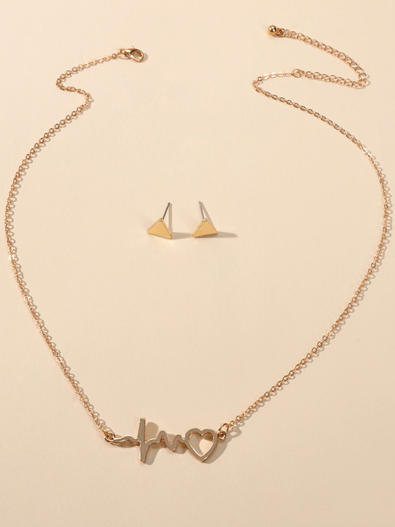 Minimalist Jewellery set Gold Chain Heartbeat Necklace and Triangle Earrings-1