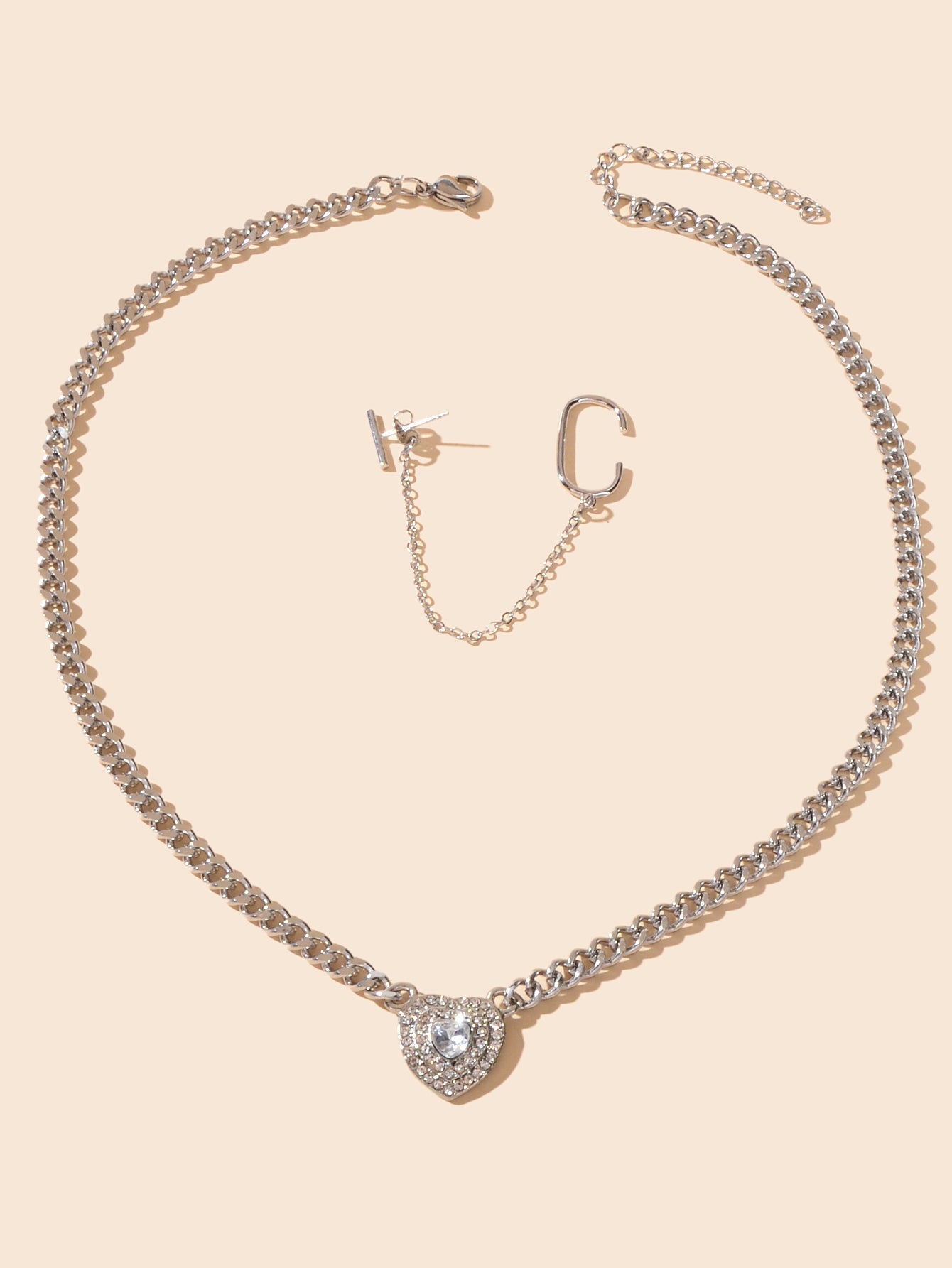 Luxury Jewellery Set Cubic Zirconia Heart Pendant Necklace Silver Ear Cuff Stud-1