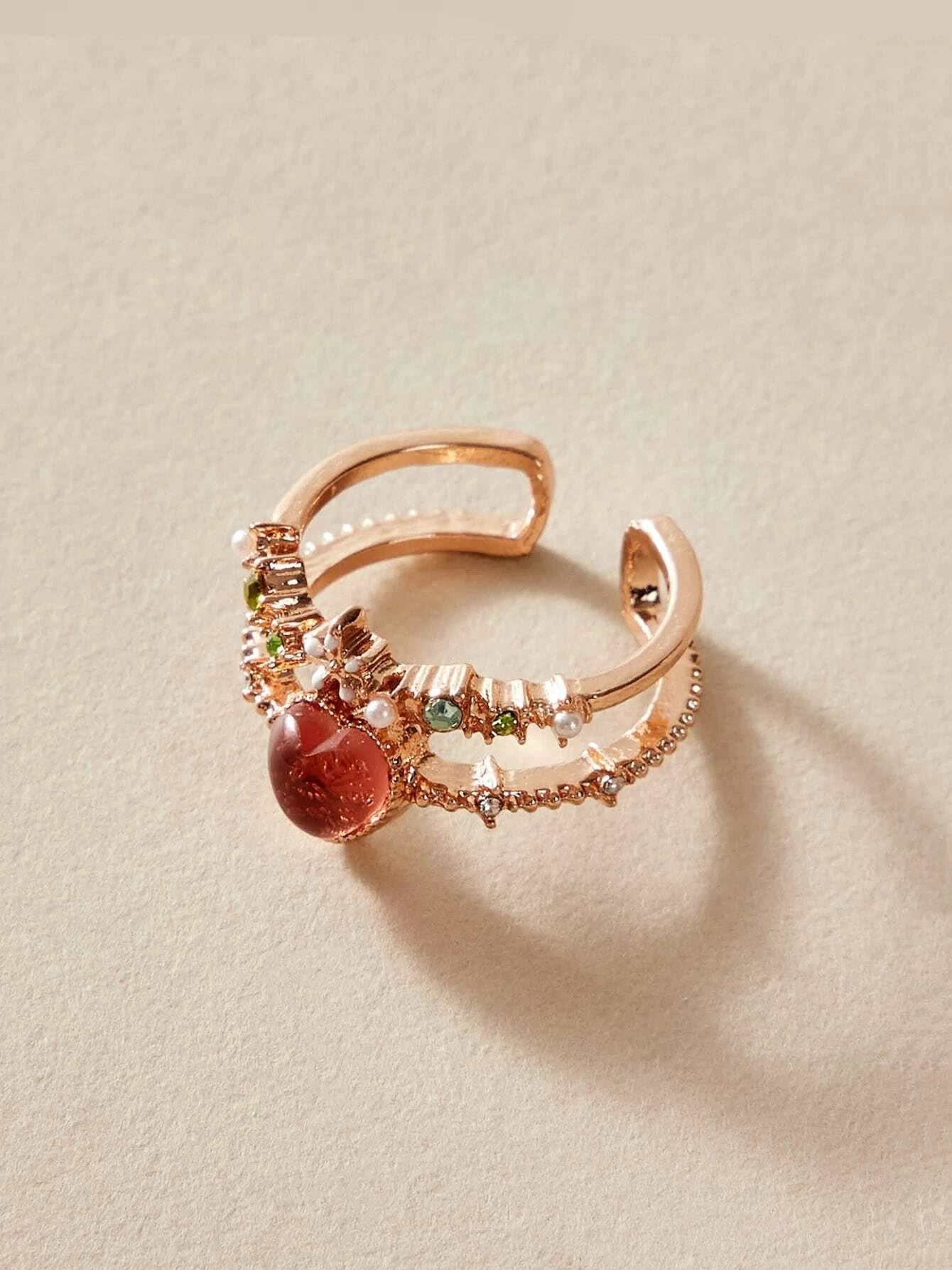 AU Post Luxury Faux Pearl Rhinestone Red Love Heart Rosegold Cuff Finger Ring-1