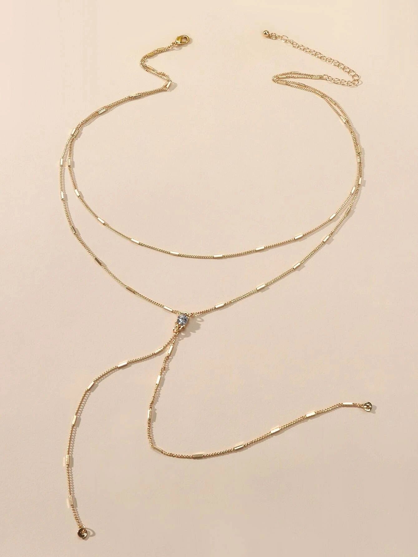 Rhinestone Double layer Long Chain Y-lariat Fringe Necklace Textured Jewellery-1