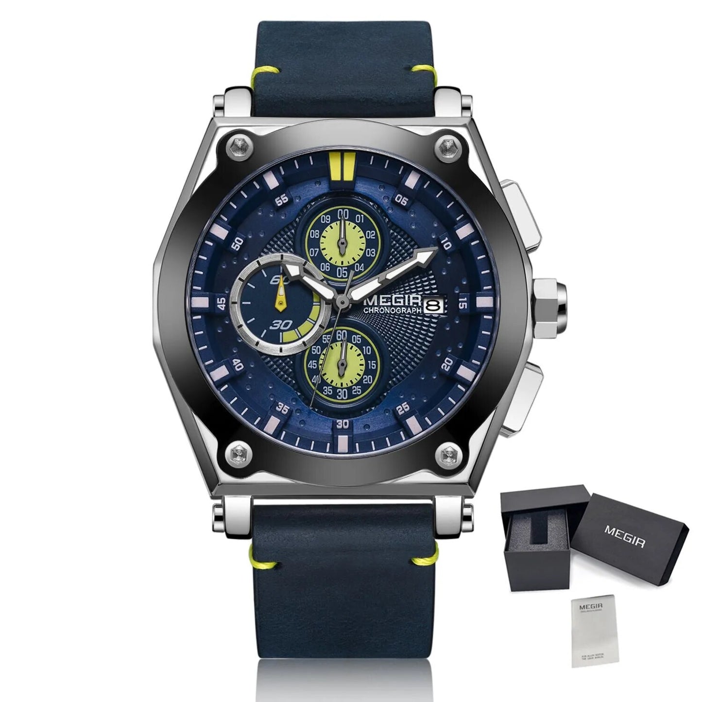 MEGIR Blue Quartz Men Watches Top Brand Leather Strap Chronograph Sport Wrist Watch Men Clock Relogio Masculino Reloj Hombre-15