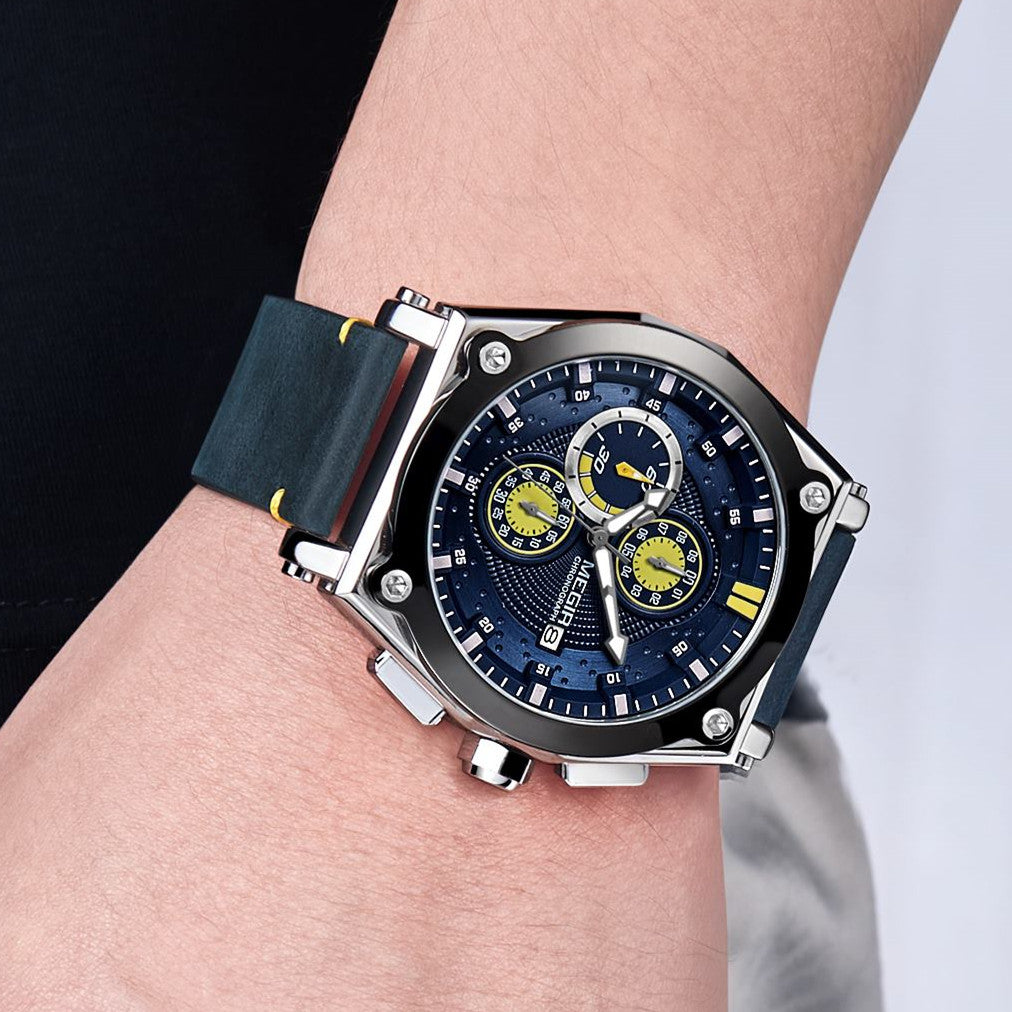 MEGIR Blue Quartz Men Watches Top Brand Leather Strap Chronograph Sport Wrist Watch Men Clock Relogio Masculino Reloj Hombre-4