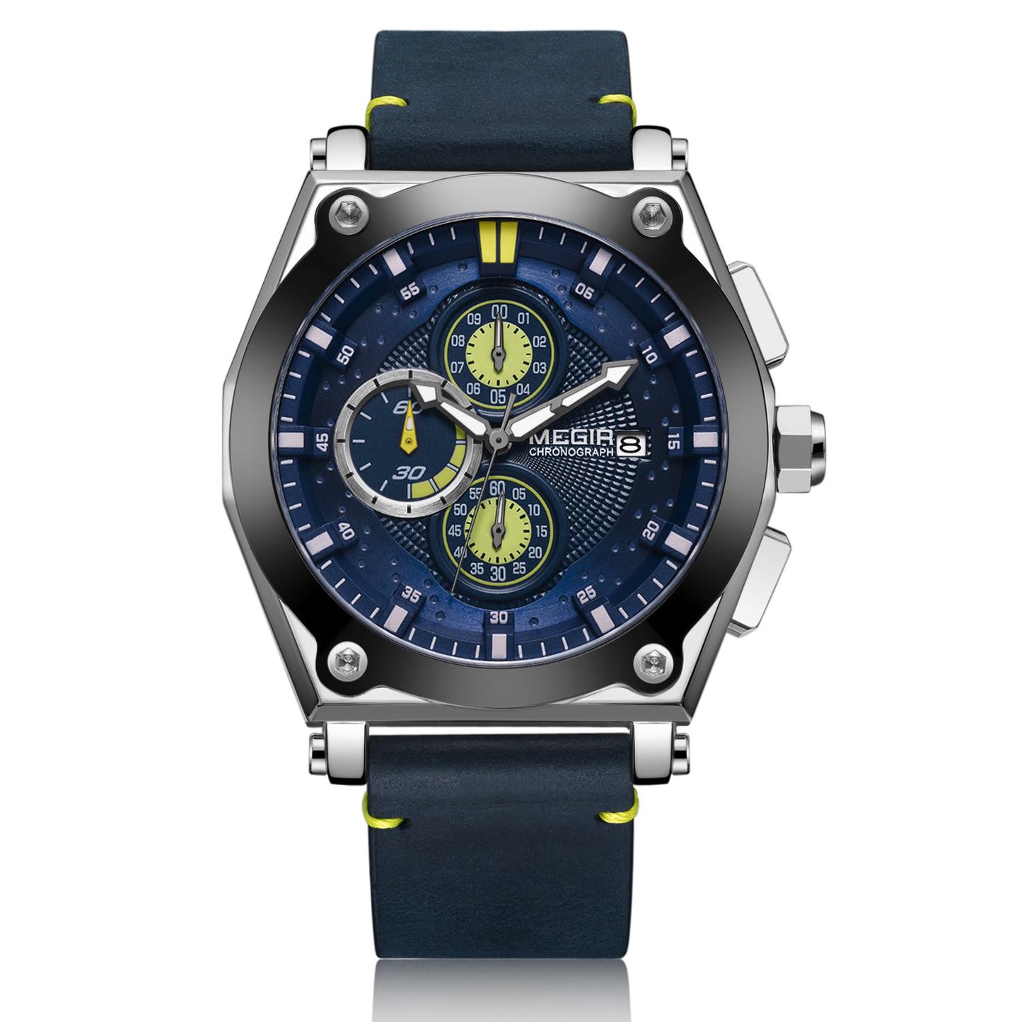 MEGIR Blue Quartz Men Watches Top Brand Leather Strap Chronograph Sport Wrist Watch Men Clock Relogio Masculino Reloj Hombre-8