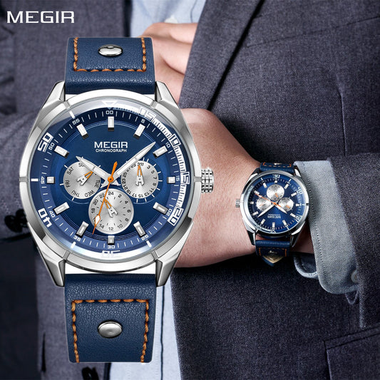 MEGIR Brand Quartz Men Watch Relogio Masculino Leather Strap Military Business Wrist Watches Men Clock Hour Time Man Chronograph-0