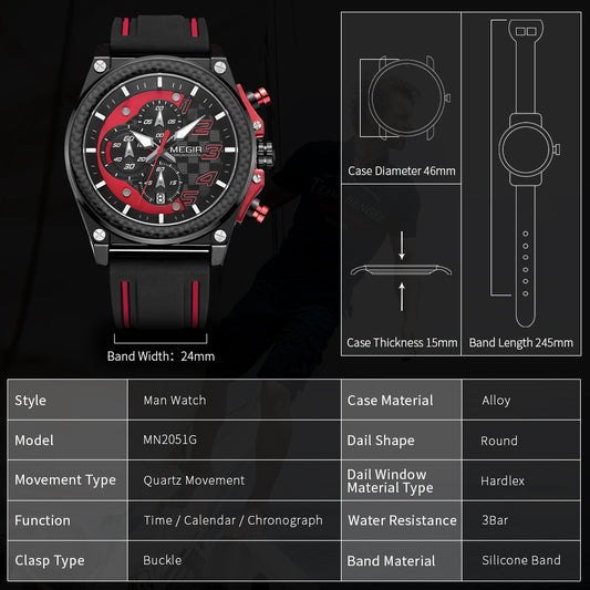 MEGIR Chronograph Sport Watch Men Silicone Military Wrist Watches Waterproof Date Clock Top Brand Quartz Watch Reloj Hombre 2051-10