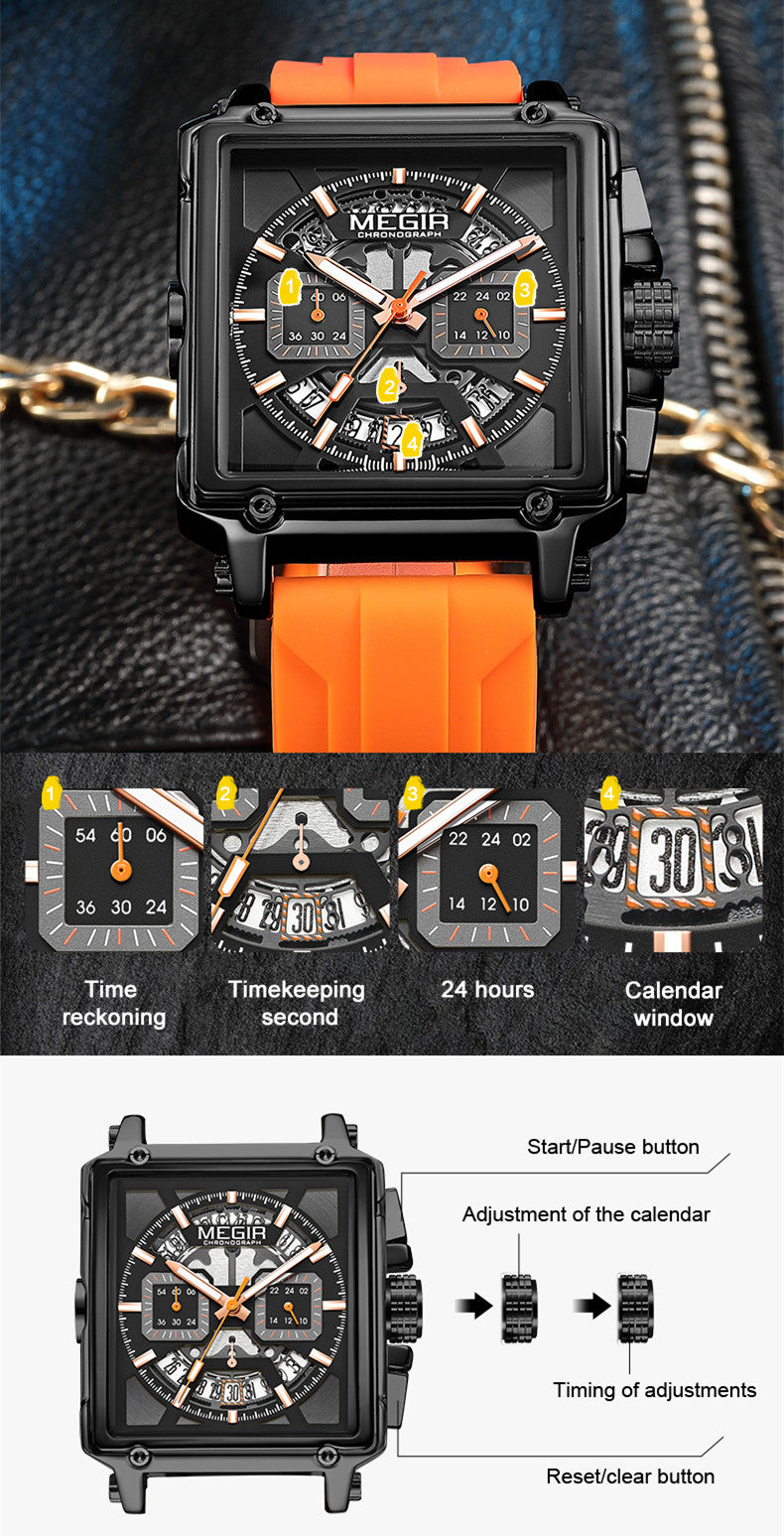 MEGIR Top Brand Men Watches Fashion Sport Military Chronograph Luminous Square Silicone Band Quartz Wristwatch Relogio Masculino-5