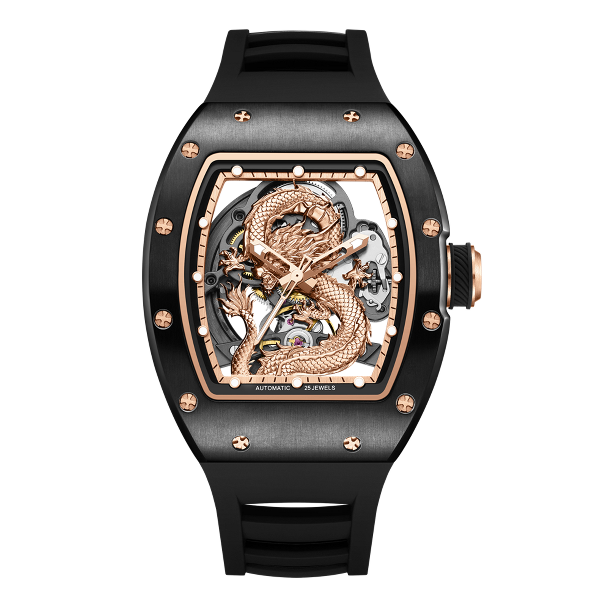 New Automatic Mechanical Skeleton Men Watch Luxury Stainless Steel Case Tonneau Dial Wristwatch Waterproof Sport Watches 9190-15-0