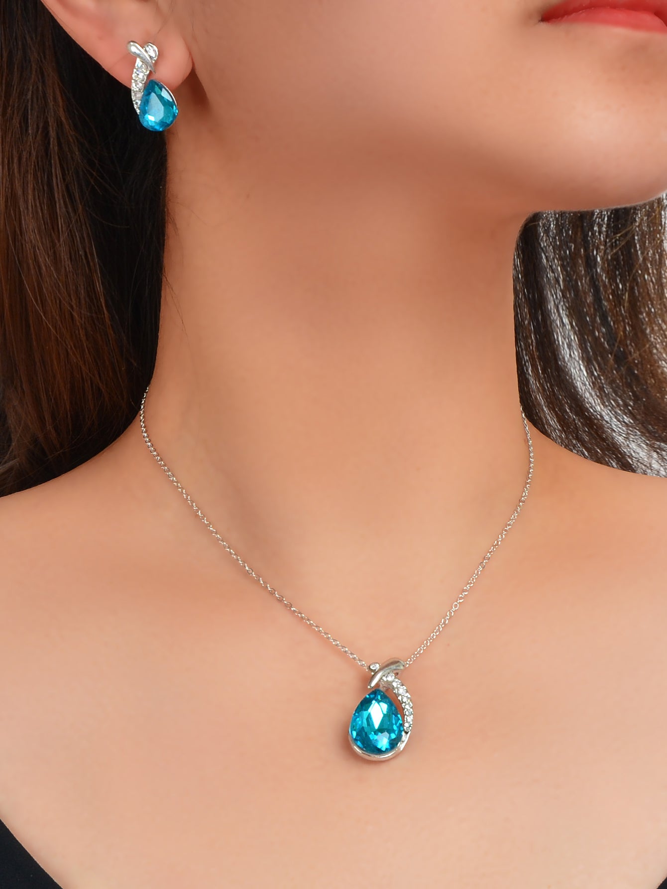 Luxurious Jewellery Set Crystal Rhinestone Water Drop Necklace and Stud Earrings-2