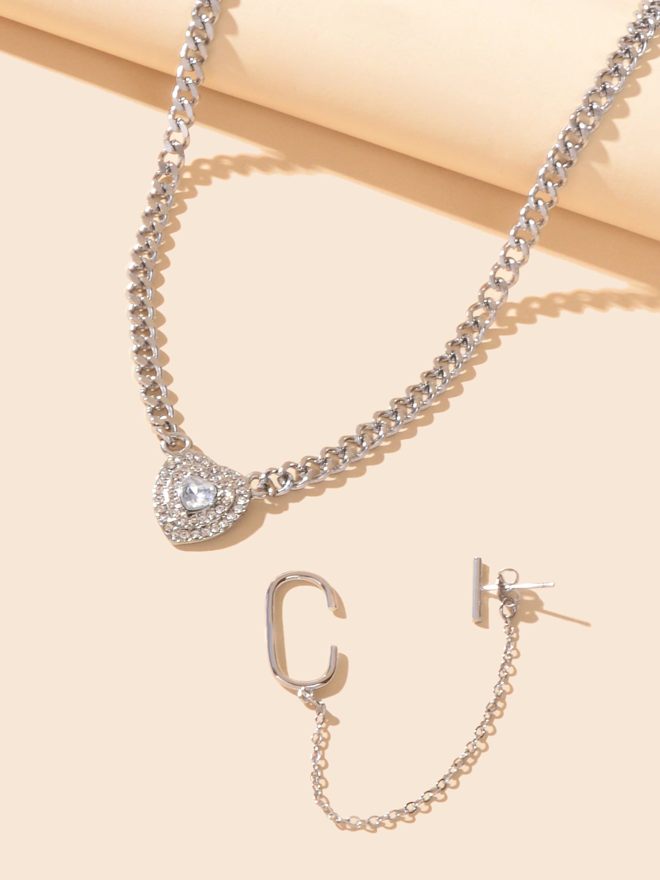 Luxury Jewellery Set Cubic Zirconia Heart Pendant Necklace Silver Ear Cuff Stud-2