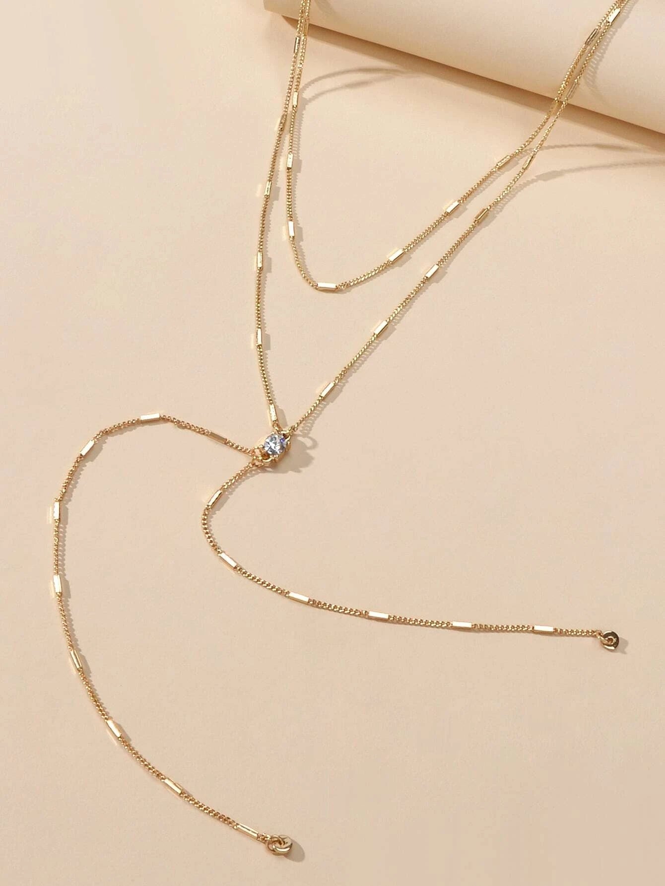 Rhinestone Double layer Long Chain Y-lariat Fringe Necklace Textured Jewellery-2