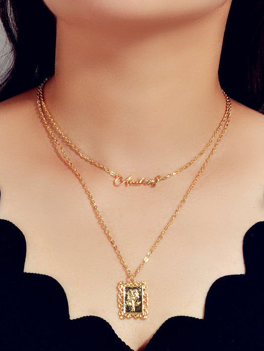 Unique Double layer Chain Letter Charm Flower Pattern Square Pendant Necklace-0