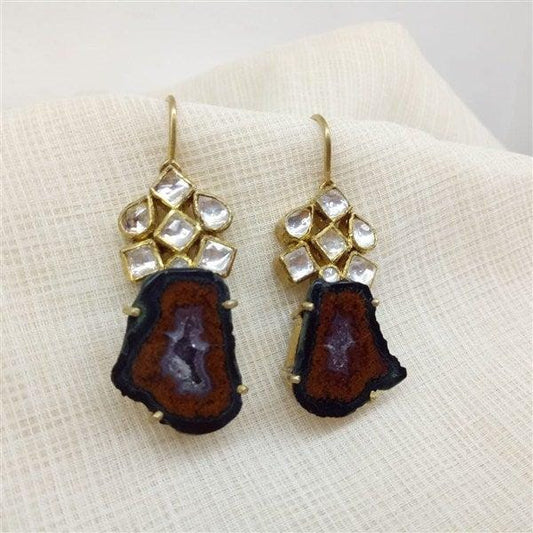 Hanging Flower Earring Brown Agate Stone With Kundan in Silver With Gold Polish-0