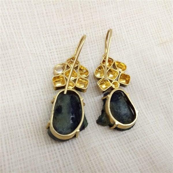 Hanging Flower Earring Brown Agate Stone With Kundan in Silver With Gold Polish-1