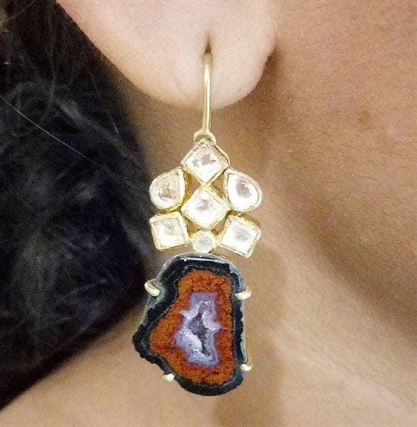 Hanging Flower Earring Brown Agate Stone With Kundan in Silver With Gold Polish-2