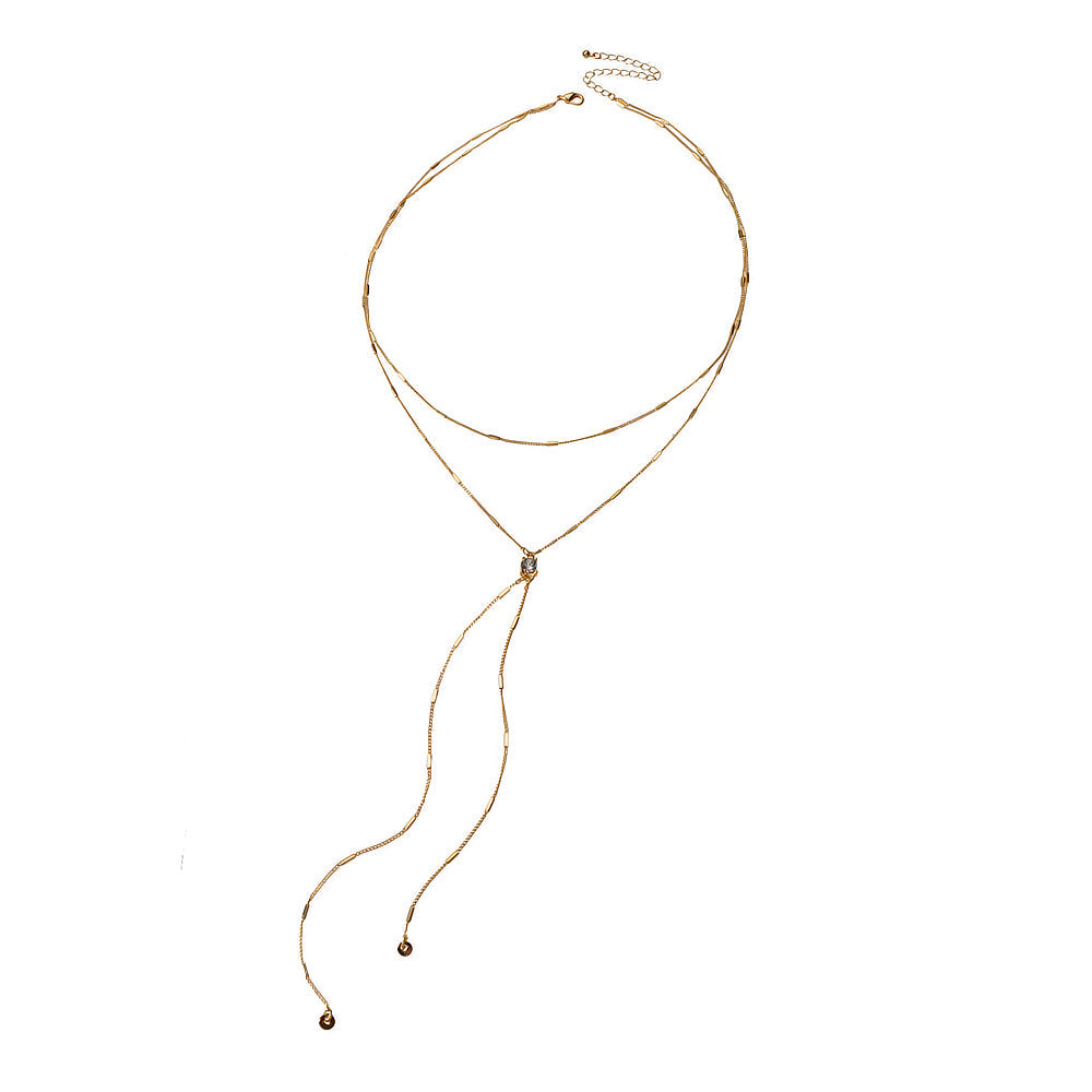 Rhinestone Double layer Long Chain Y-lariat Fringe Necklace Textured Jewellery-4