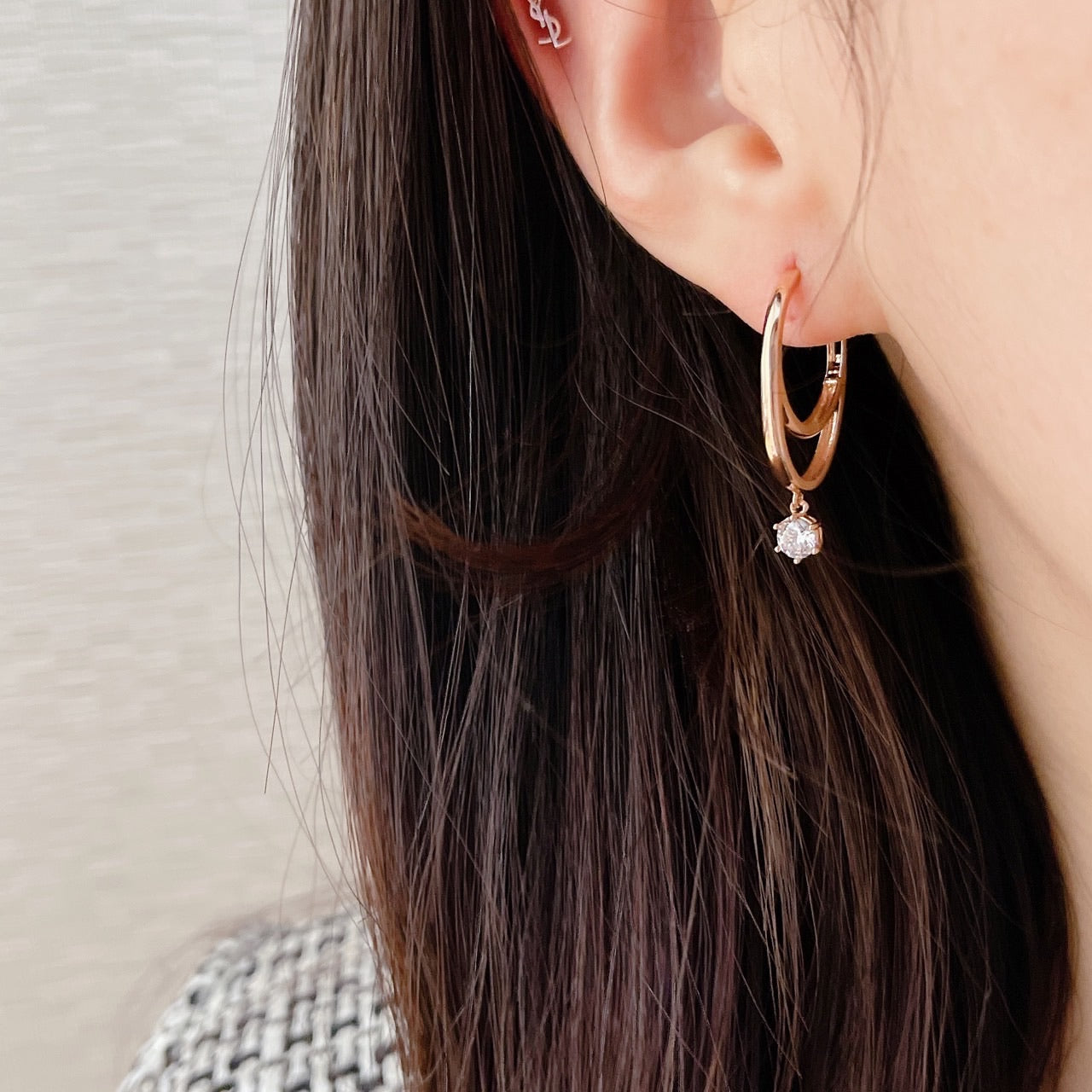 Double cubic dangle huggie earrings-1